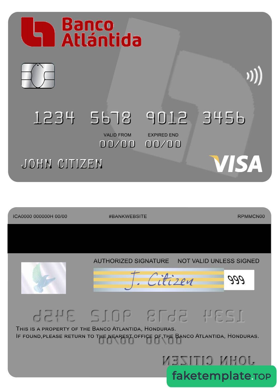 Feature of fake Honduras Banco Atlantida visa card example